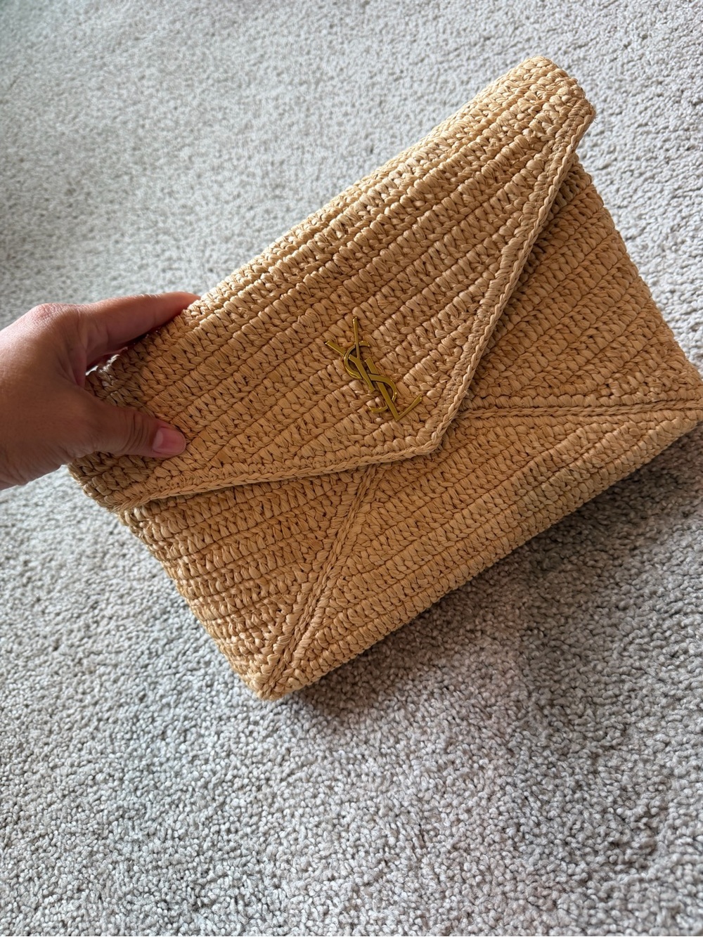 Saint Laurent Natural Raffia Envelope Clutch with Gold YSL Logo - Picture 2 of 11